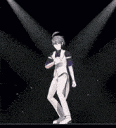 a cartoon character is dancing on a stage in front of spotlights