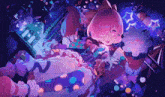 a girl with pink hair is surrounded by purple and blue objects including a rabbit and a star