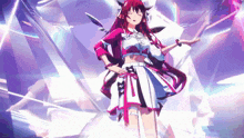 a girl with long red hair is dancing in a purple and white dress