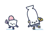 a cartoon drawing of a squid and a cube holding hands