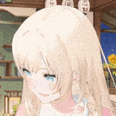 a girl with blonde hair and blue eyes is smiling in front of lanterns with chinese characters on them