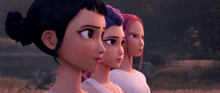 three cartoon characters are standing next to each other looking at something