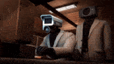 a person with a camera on their head is typing on a keyboard