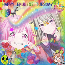 a happy emunene tuesday picture with two anime girls and a unicorn