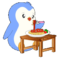 a penguin is sitting at a table eating spaghetti with tomato sauce