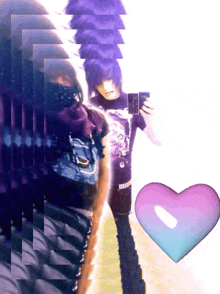 a person with purple hair is taking a picture of themselves