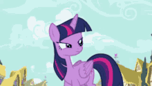 twilight sparkle from my little pony is standing in front of a blue sky