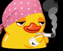 a yellow duck wearing a pink bandana and smoking a cigarette