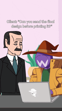 a man in a suit and tie is talking to a purple wizard in front of a laptop