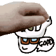 a hand is holding a cartoon character with glasses and a speech bubble that says good .