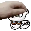 a hand is holding a cartoon character with glasses and a speech bubble that says good .