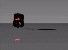 a black monster with red teeth is standing next to a red car on the ground
