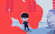 a cartoon drawing of a person with a blue shirt and black socks that say mlw