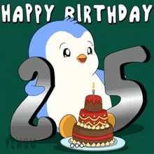 a penguin is holding the number 25 and a birthday cake