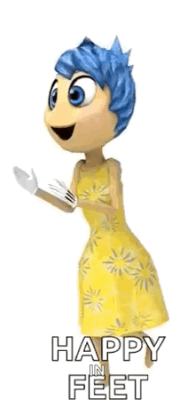 joy from inside out is wearing a yellow dress and smiling while standing on a white background .