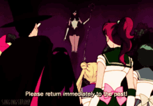 a group of anime characters are standing in a dark room and one says please return immediately to the past