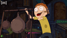 a cartoon character is holding a hammer in front of a sign that says ' a & s '
