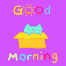 a drawing of a cat jumping out of a box with the words good morning