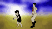 a drawing of a boy holding a gun next to a man with blood on his pants