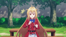 a girl with long blonde hair is sitting on a bench in a forest