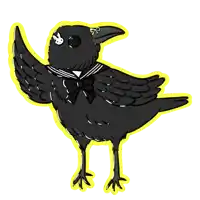 a drawing of a black bird wearing a bow tie and a button on its head
