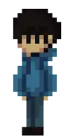 a pixel art of a person wearing a blue hoodie and black pants .