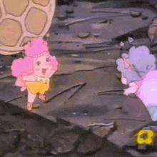two cartoon characters are standing next to each other on a rocky surface
