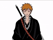 a drawing of a man holding a sword with a red strap around his shoulder