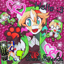 a girl in a monster hoodie is surrounded by hearts and monster energy drink
