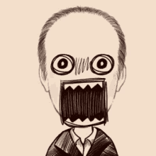 a black and white drawing of a man with a big mouth and big eyes