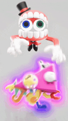 a cartoon character with big teeth and a top hat is flying over a christmas tree
