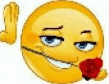 a smiley face is holding a red rose in its mouth and giving a thumbs up .