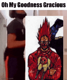 a man with red hair is standing next to a drawing of a man holding a cat