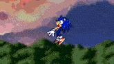 a pixel art of sonic the hedgehog jumping over a forest