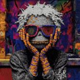 a colorful painting of a skeleton wearing glasses