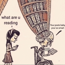 a cartoon of a woman looking at her phone and a man in a wheelchair reading a book