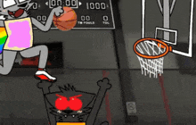 a cartoon of a cat holding a basketball in front of a scoreboard that says 00:00