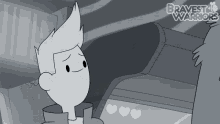 a black and white cartoon of a man with the words bravest warriors on the bottom right