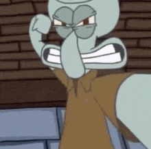 a close up of squidward from spongebob squarepants flexing his muscles