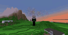 a man in a suit and tie stands in front of a fireworks display in a minecraft world