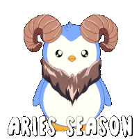 a penguin with horns and a beard says aries season on the bottom