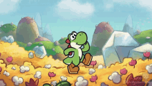 a cartoon drawing of a green dinosaur with the number 3 on its head