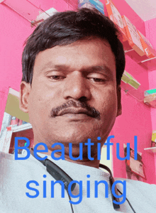 a man with a mustache is wearing a pair of headphones and the words beautiful singing are above his head