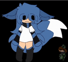 a drawing of a person with blue hair and a white shirt