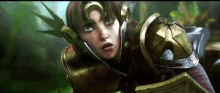 a woman in armor is holding a shield and sword