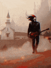 a painting of a man holding a guitar in front of a castle