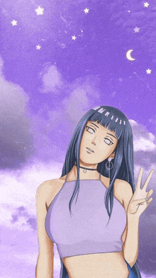 a girl in a purple crop top is giving a peace sign