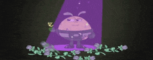 a cartoon character is standing in front of a purple light and flowers