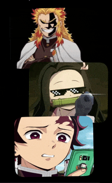 a collage of anime characters with one wearing sunglasses and the other holding a phone