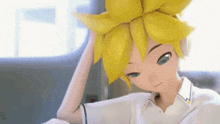 a cartoon character with yellow hair and blue eyes is holding his hand to his head